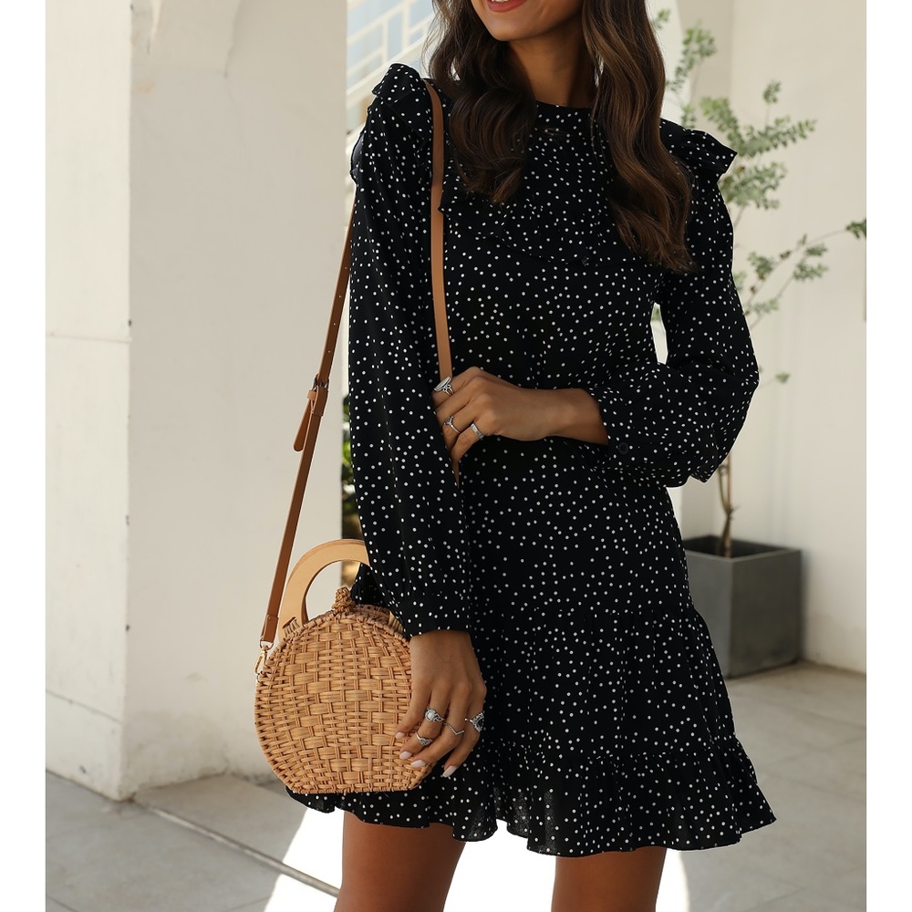 Black Polka Dot Ruffle Hem Shift Dress